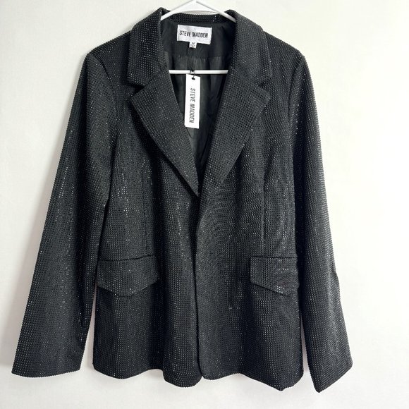 NWT STEVE MADDEN AYA BLACK RHINESTONE CRYSTAL BEADED JACKET BLAZER MEDIUM - Picture 3 of 5